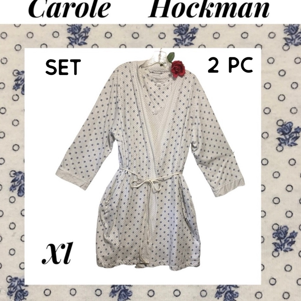 Carole Hockman 2 piece Wrap Robe & Gown Set Blue & White floral tie waist XL EUC